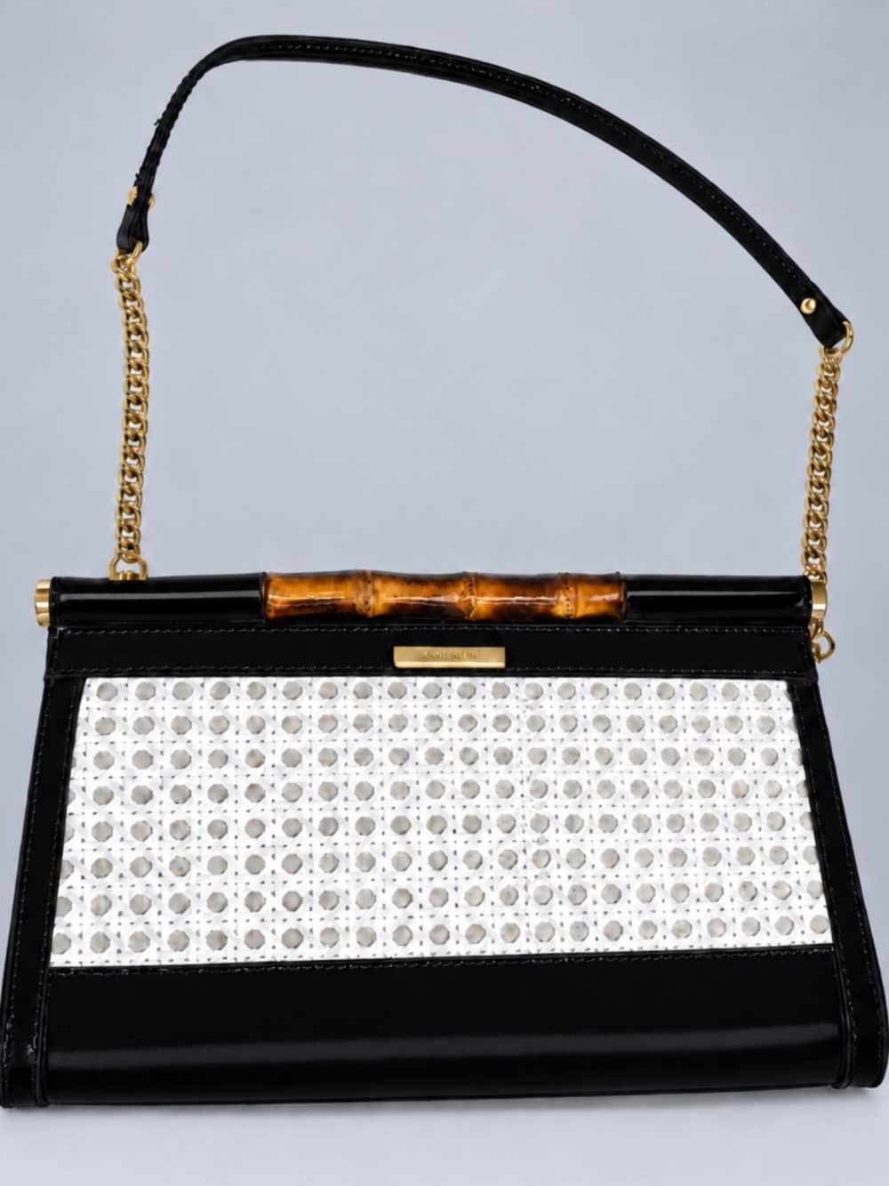 Anne Klein Black Patent White Woven Bamboo Handle Shoulder Bag